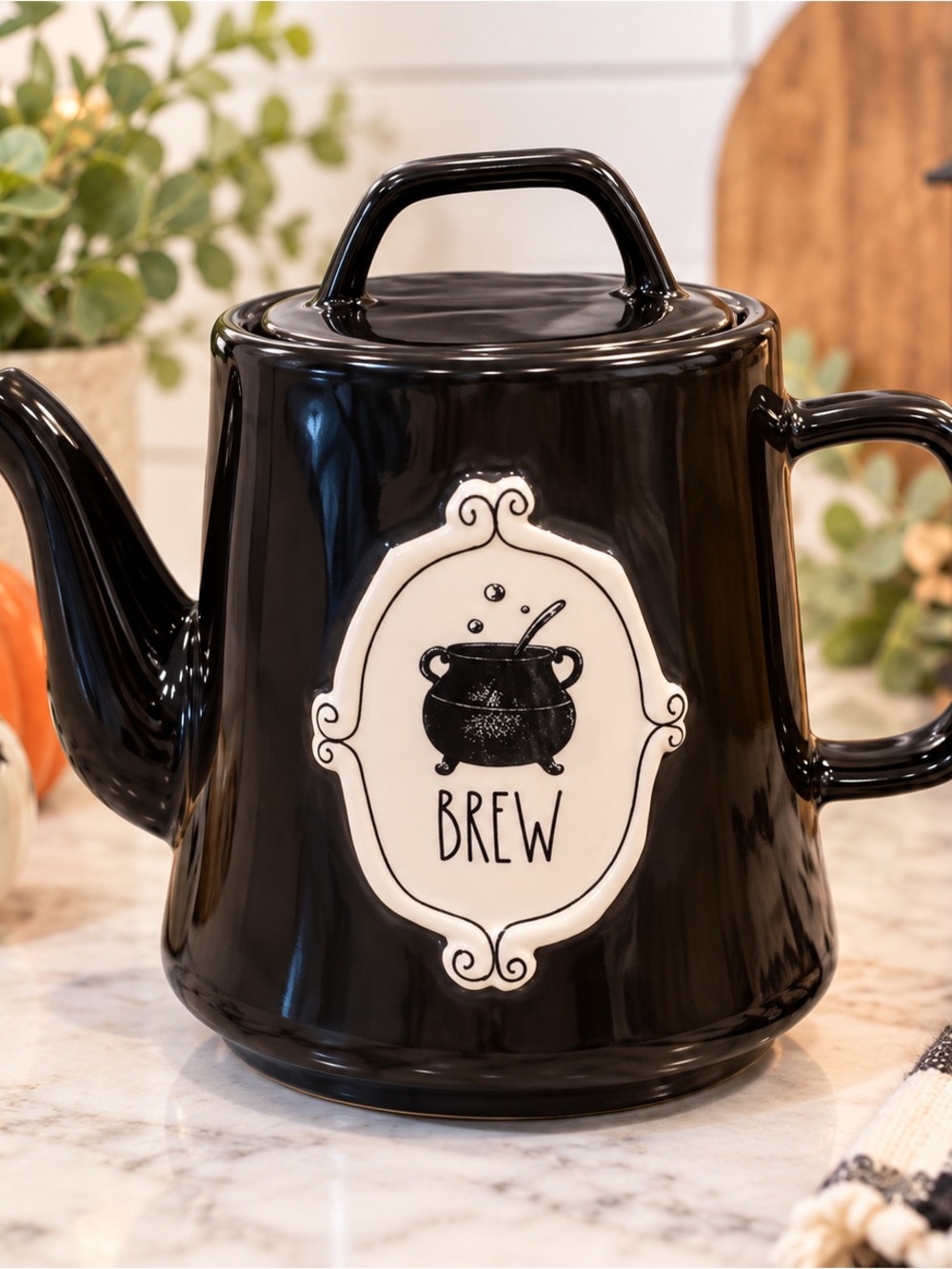 NEW Rae Dunn Black Ceramic ‘BREW’ Witches Cauldron Tea Pot